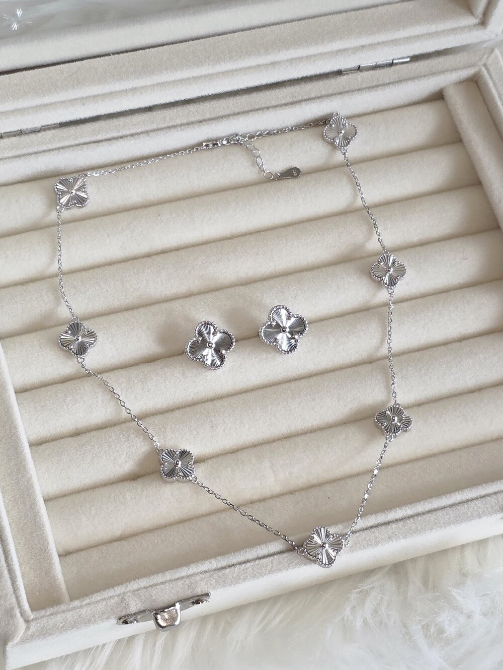 Sterling Silver Floral Station Necklace and Stud Earrings - Silver